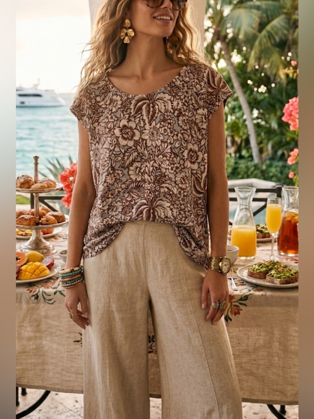 Rachel Zoe Top Brown 100% Linen Floral Print Short Sleeve Popover Shirt Boho